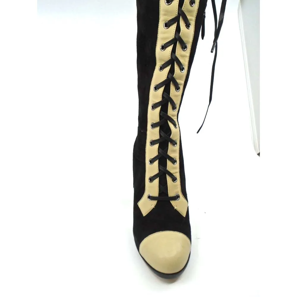 83-58 Reed Krakoff Women's Suede Knee High Lace Boots-Buff/Black