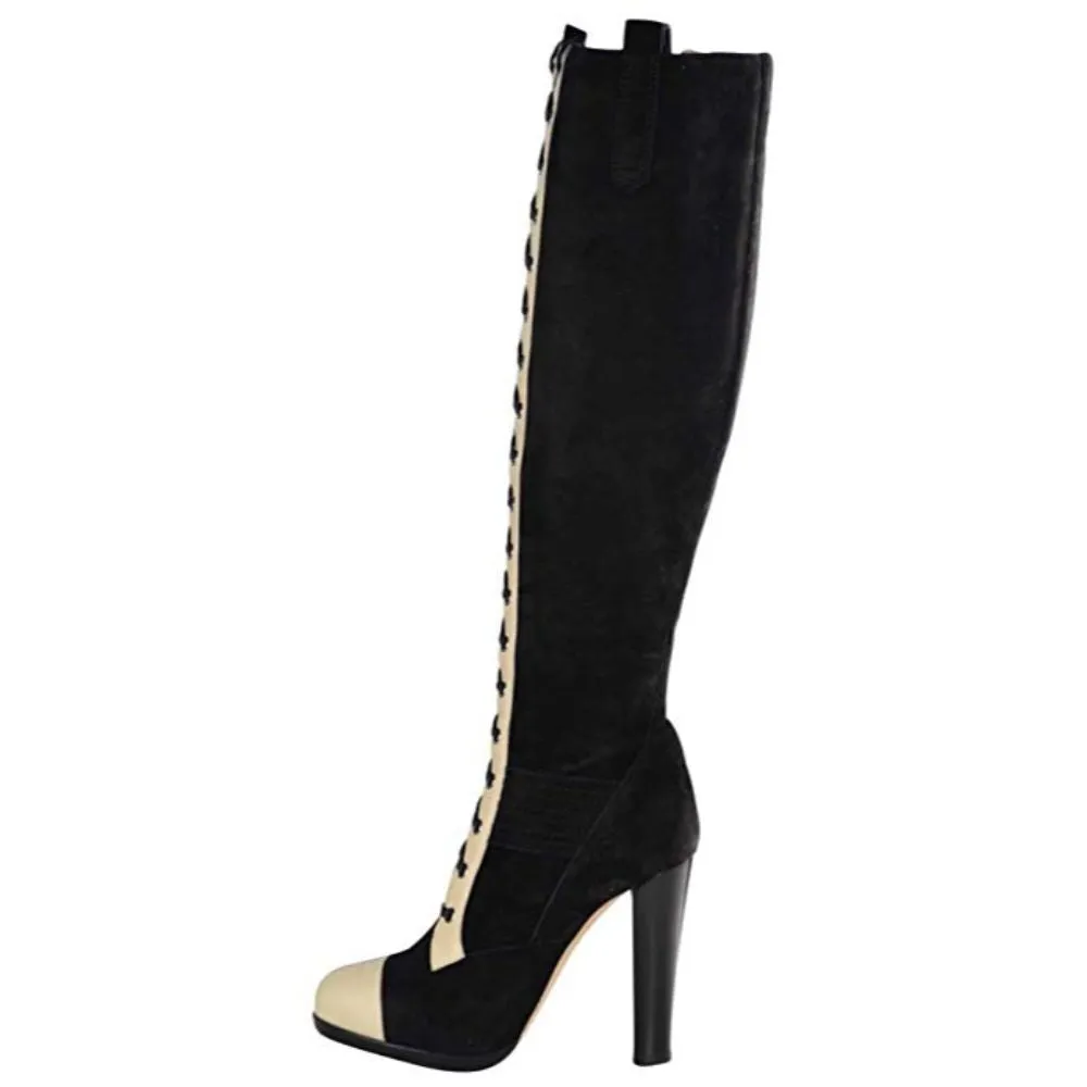 83-58 Reed Krakoff Women's Suede Knee High Lace Boots-Buff/Black