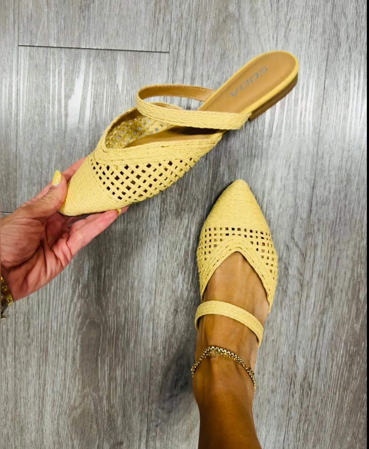 Beige Raffia Perfectly Pointed Slip On Flats