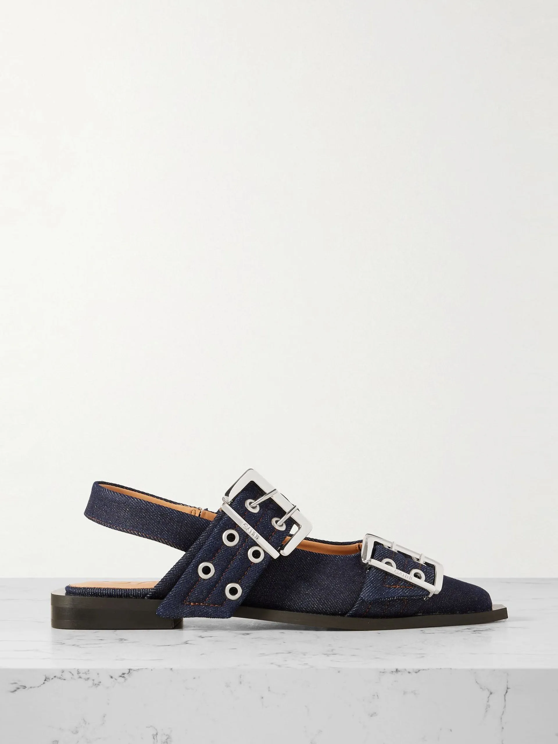 Buckled eyelet-embellished recycled denim ballet flats