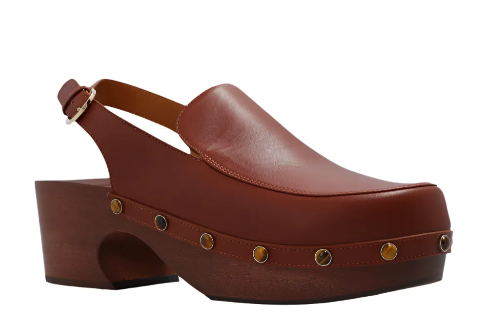 Chloe Aurna Slingback Clog Shoes In Brown With Real Wood Structure