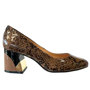 CHRISSIE ROSE Tan & Black Leather Reptile Print Block Heels