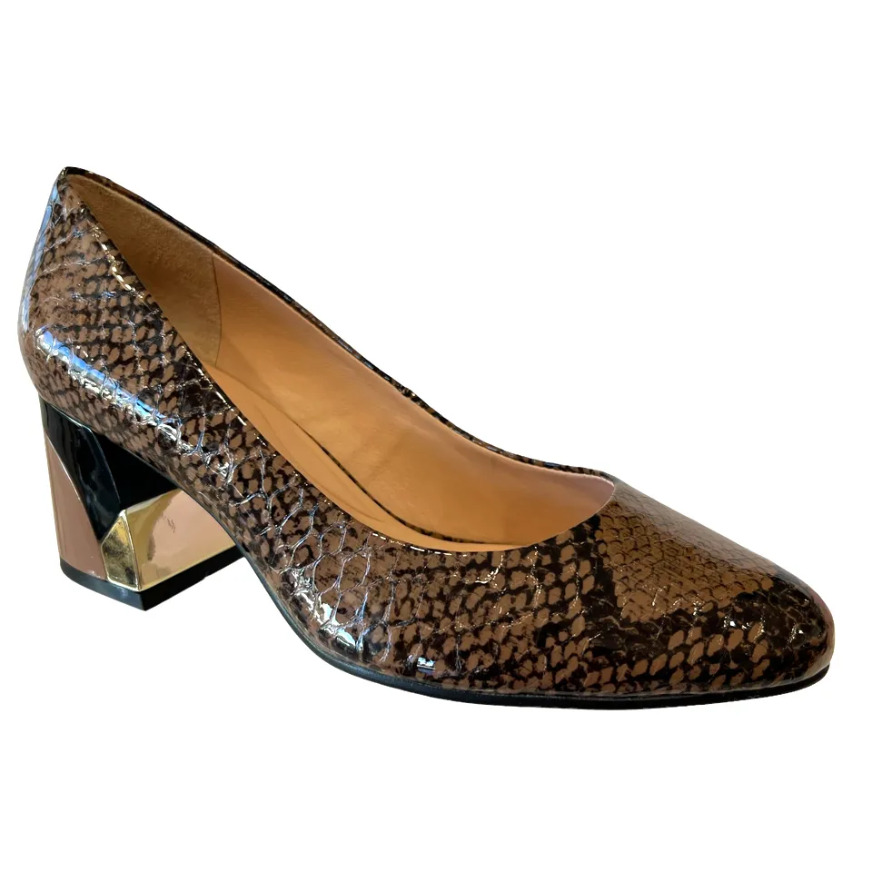 CHRISSIE ROSE Tan & Black Leather Reptile Print Block Heels