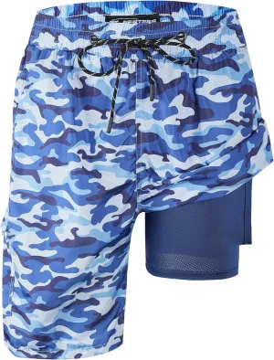 Mens Swim Trunks 9" Board Shorts with Compression Liner Swimsuit Built-in Bathing Suit Quick Dry Swimwear Zipper Pocket