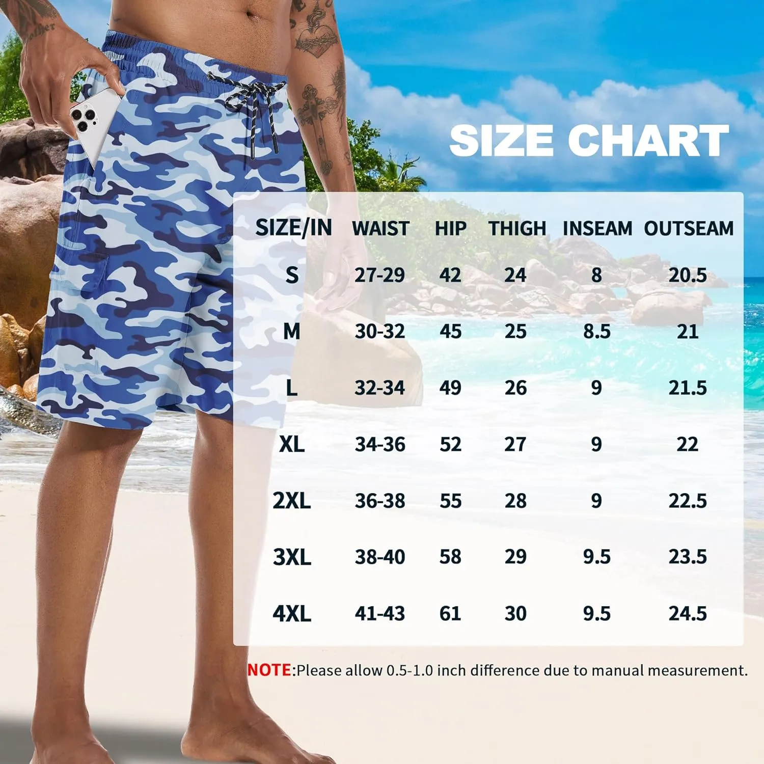 Mens Swim Trunks 9" Board Shorts with Compression Liner Swimsuit Built-in Bathing Suit Quick Dry Swimwear Zipper Pocket