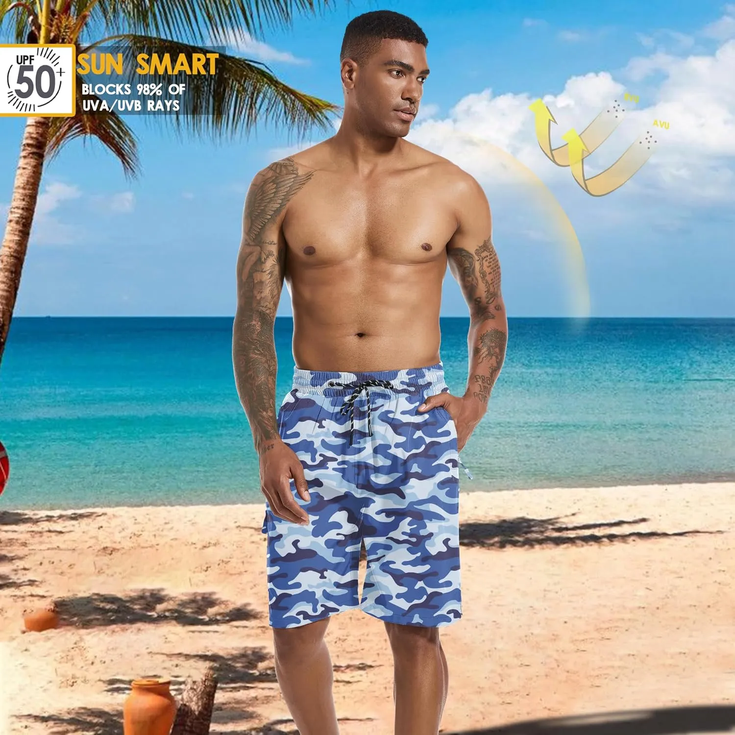 Mens Swim Trunks 9" Board Shorts with Compression Liner Swimsuit Built-in Bathing Suit Quick Dry Swimwear Zipper Pocket