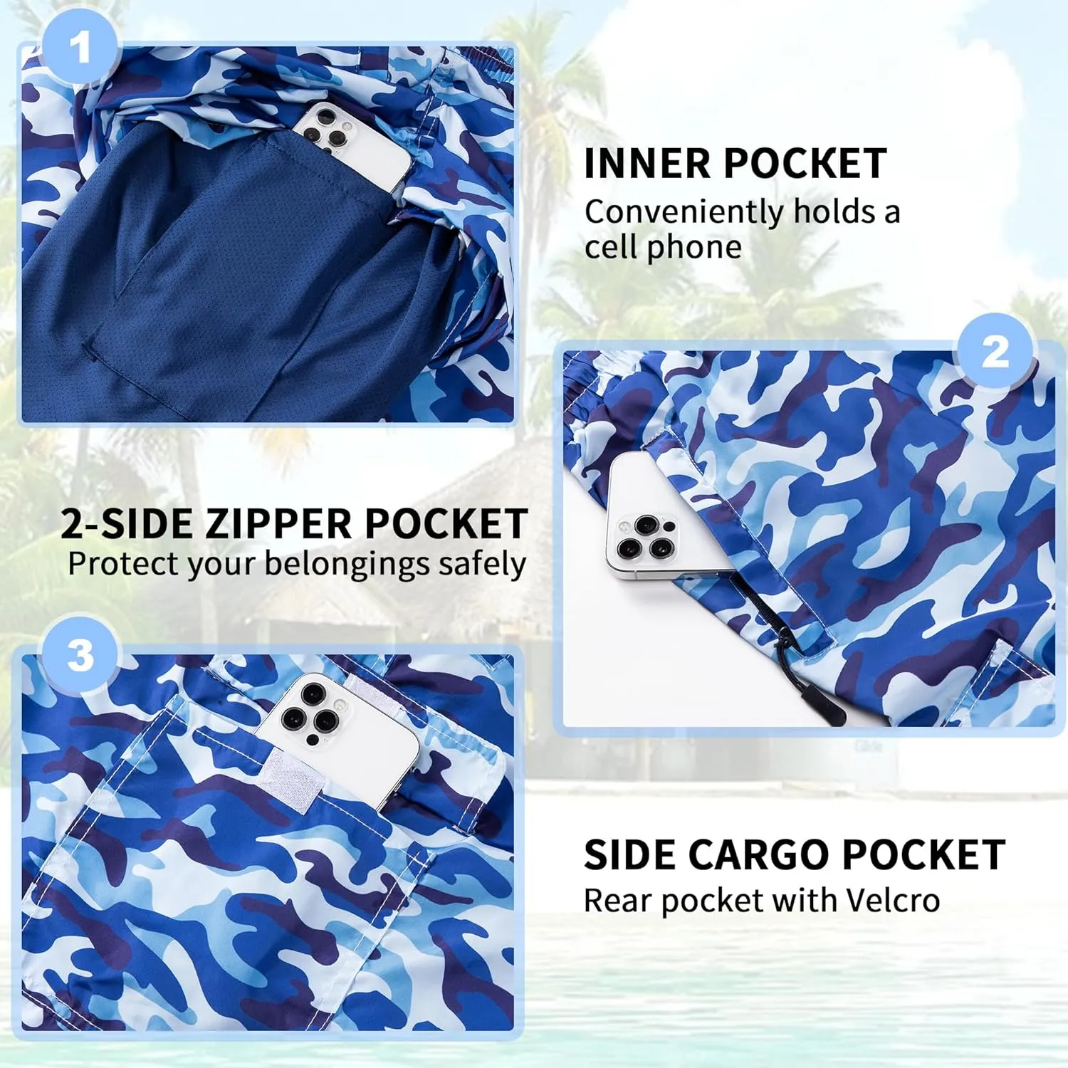 Mens Swim Trunks 9" Board Shorts with Compression Liner Swimsuit Built-in Bathing Suit Quick Dry Swimwear Zipper Pocket