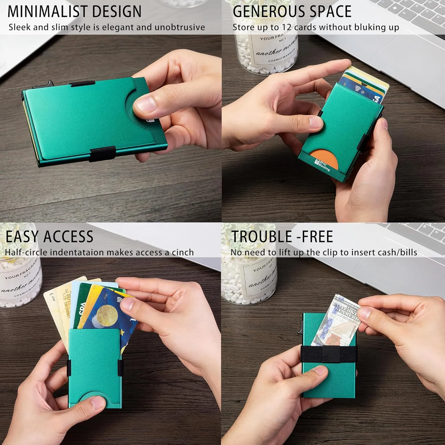Minimalist Carbon Fiber Wallet for Men, Money Clip Cash Strap Wallet, RFID Blocking Metal Wallet Aluminum Card Holder,Front Pocket Wallet