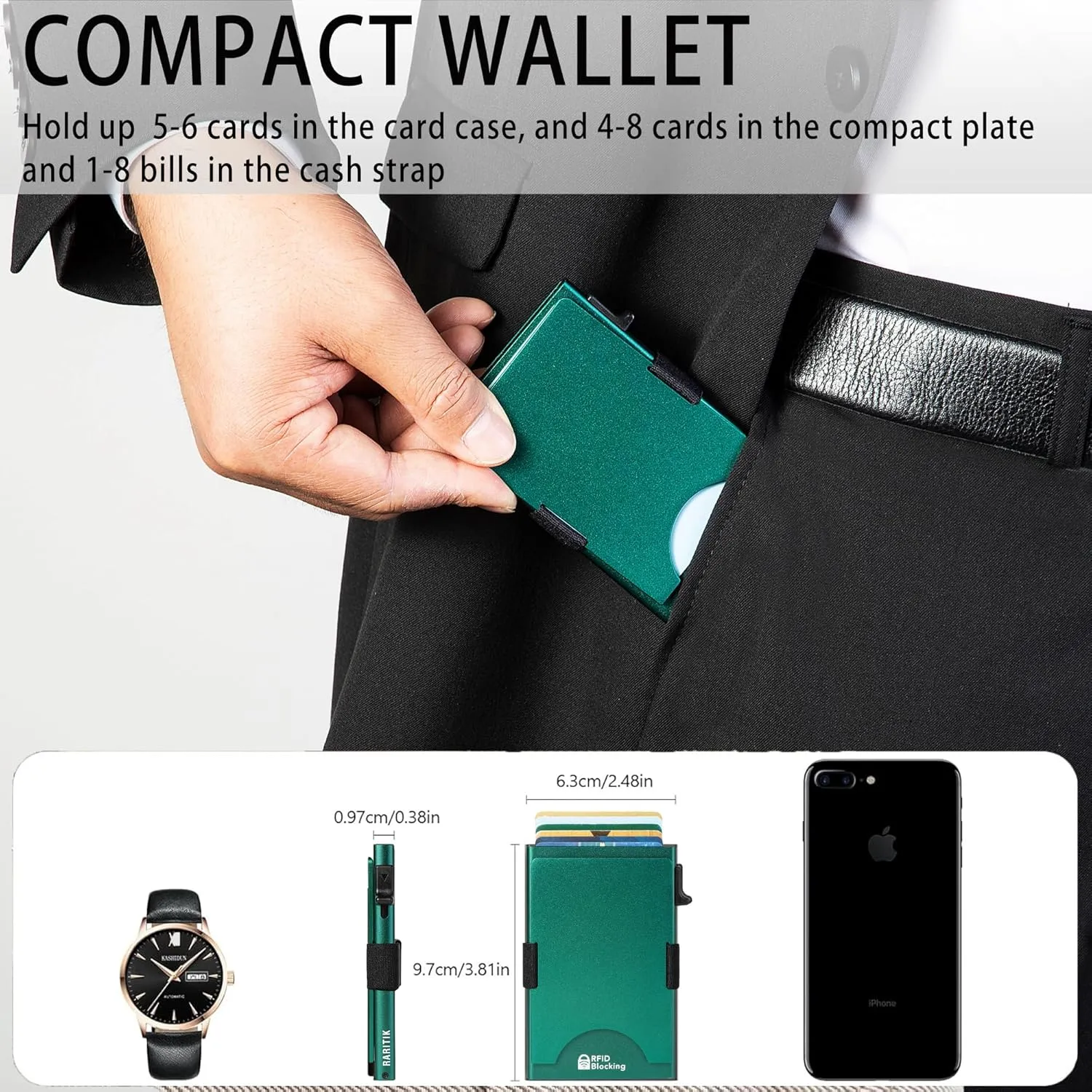 Minimalist Carbon Fiber Wallet for Men, Money Clip Cash Strap Wallet, RFID Blocking Metal Wallet Aluminum Card Holder,Front Pocket Wallet