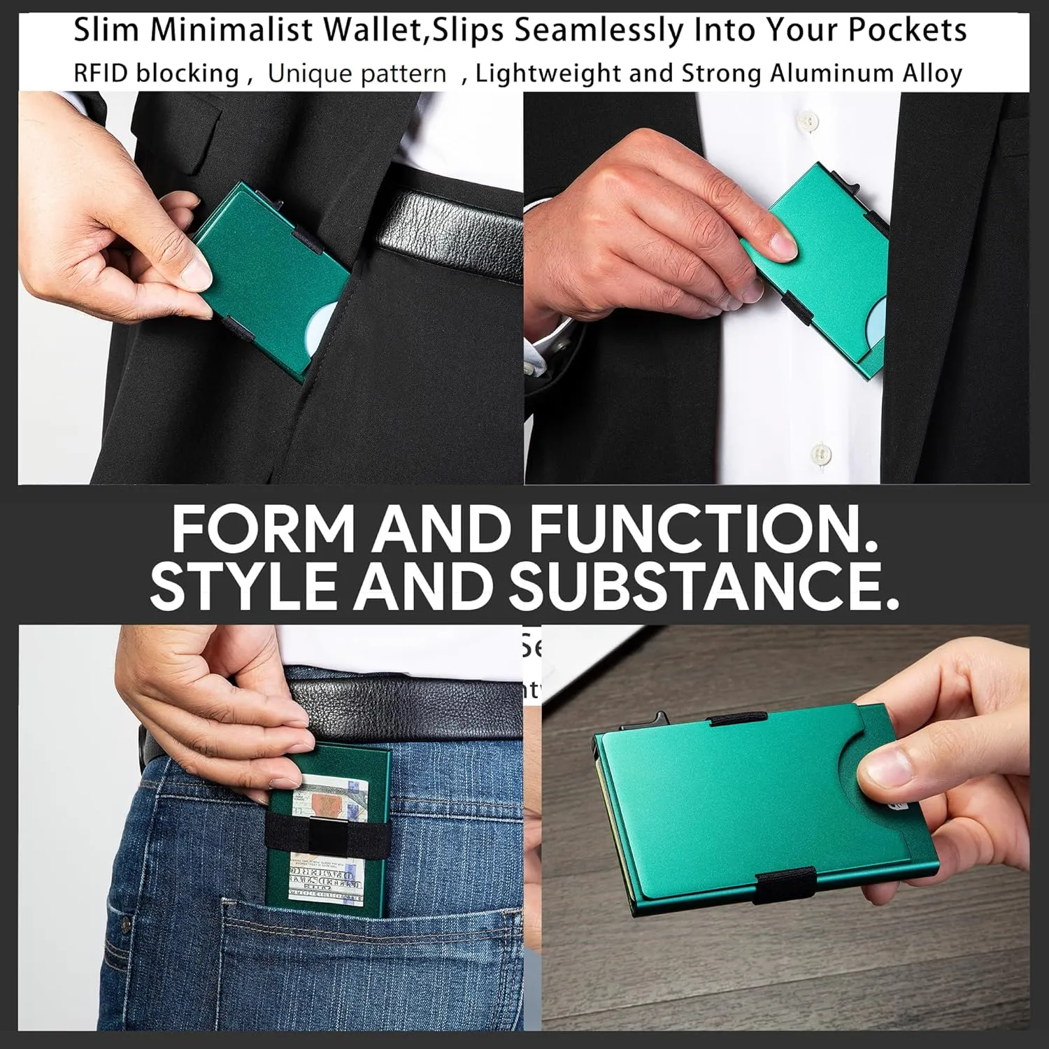 Minimalist Carbon Fiber Wallet for Men, Money Clip Cash Strap Wallet, RFID Blocking Metal Wallet Aluminum Card Holder,Front Pocket Wallet