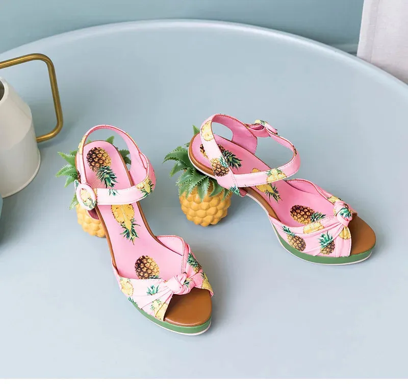 Pineapple High Heels Buckle Strap Printed Peep-Toe Platform Shoes