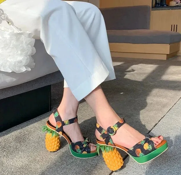 Pineapple High Heels Buckle Strap Printed Peep-Toe Platform Shoes