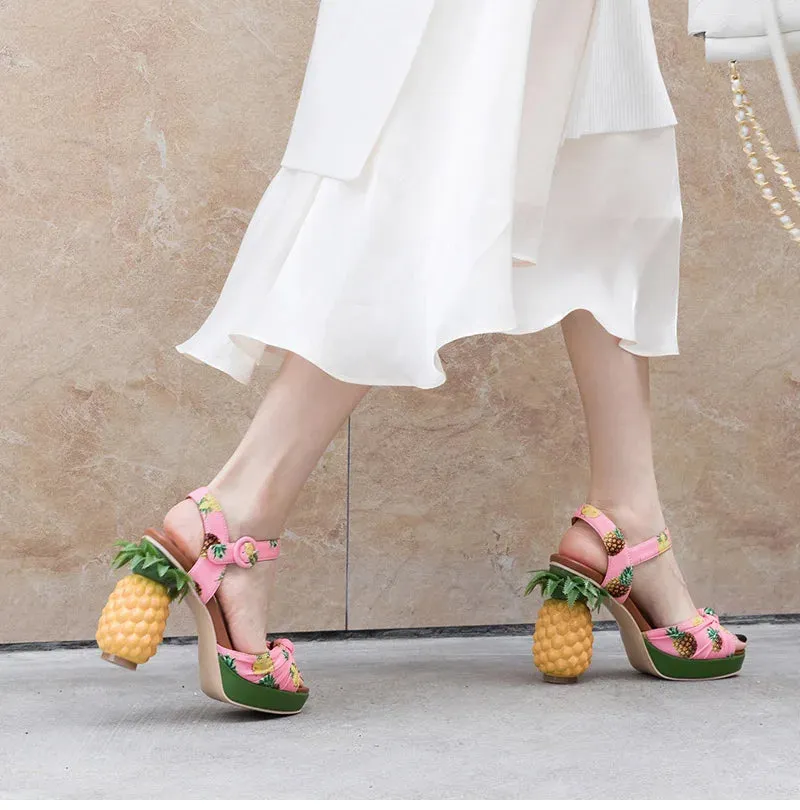 Pineapple High Heels Buckle Strap Printed Peep-Toe Platform Shoes