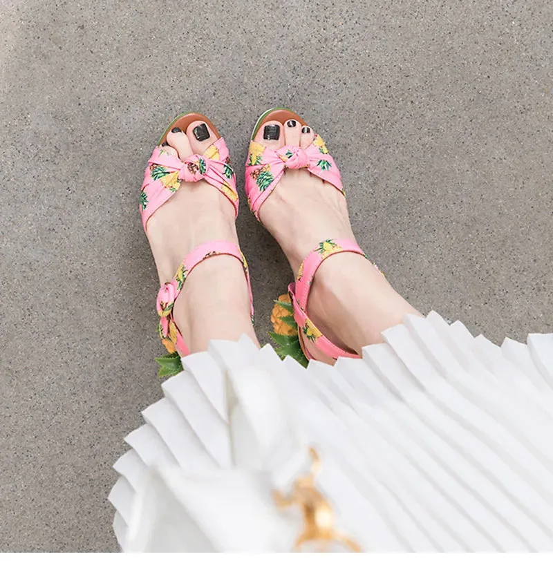 Pineapple High Heels Buckle Strap Printed Peep-Toe Platform Shoes