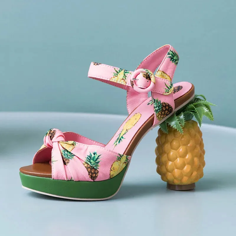 Pineapple High Heels Buckle Strap Printed Peep-Toe Platform Shoes