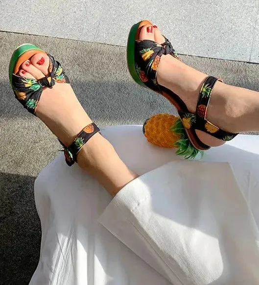 Pineapple High Heels Buckle Strap Printed Peep-Toe Platform Shoes