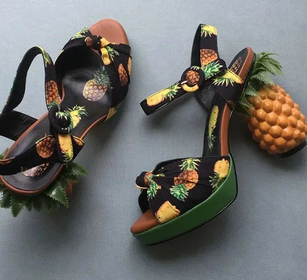 Pineapple High Heels Buckle Strap Printed Peep-Toe Platform Shoes