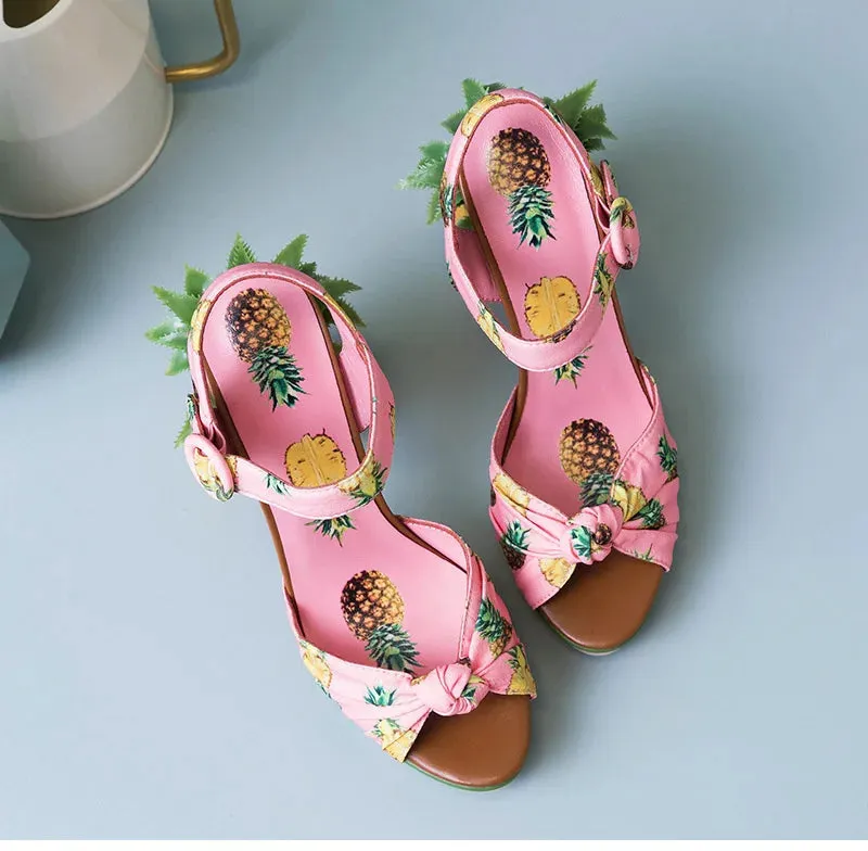 Pineapple High Heels Buckle Strap Printed Peep-Toe Platform Shoes