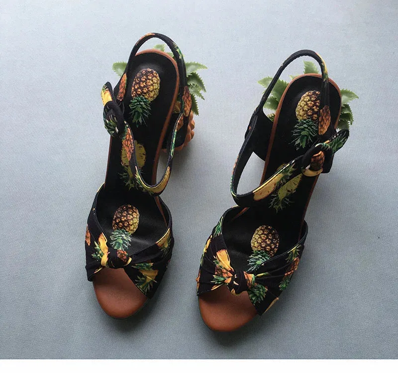Pineapple High Heels Buckle Strap Printed Peep-Toe Platform Shoes