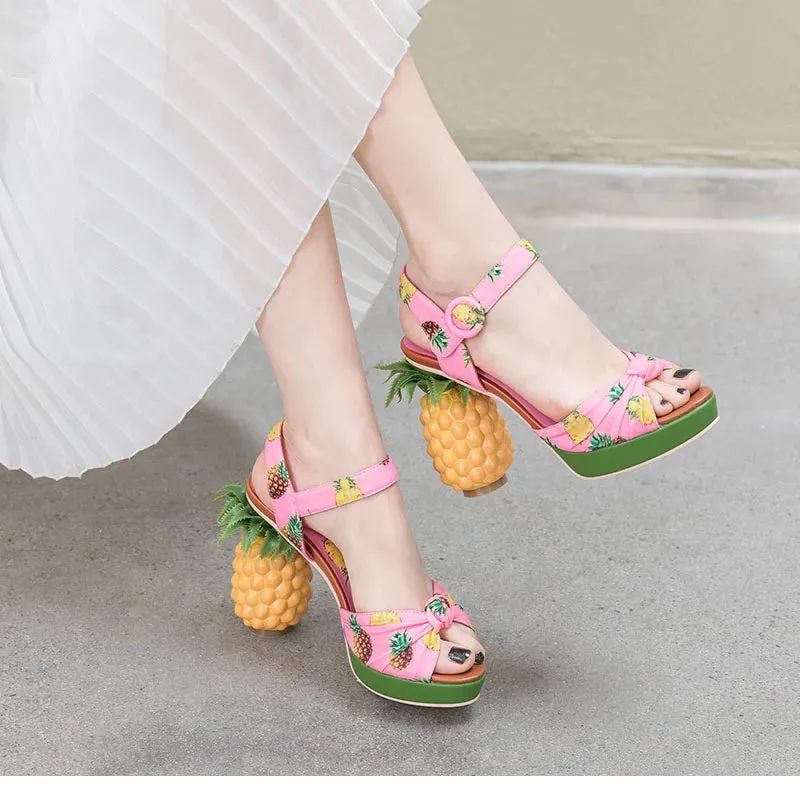 Pineapple High Heels Buckle Strap Printed Peep-Toe Platform Shoes