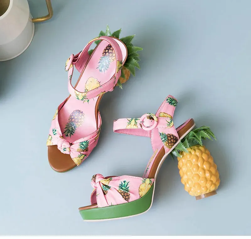 Pineapple High Heels Buckle Strap Printed Peep-Toe Platform Shoes