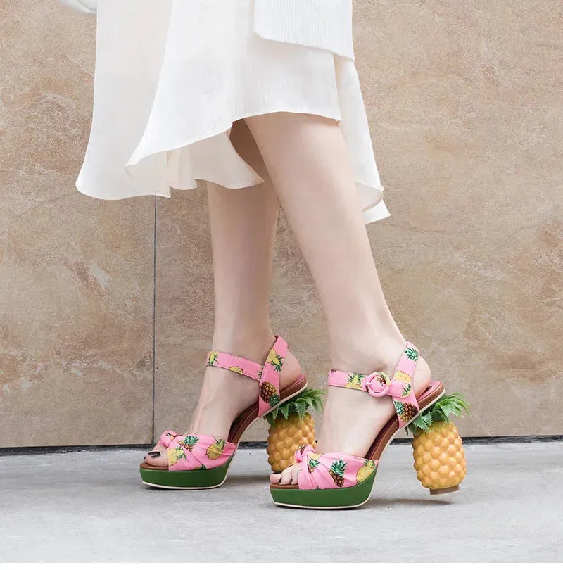 Pineapple High Heels Buckle Strap Printed Peep-Toe Platform Shoes