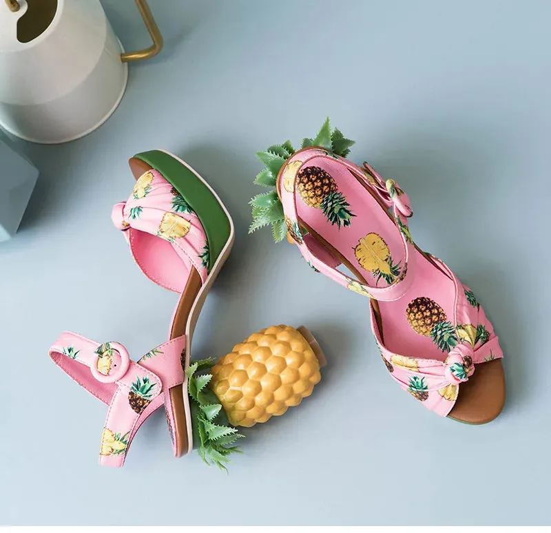 Pineapple High Heels Buckle Strap Printed Peep-Toe Platform Shoes
