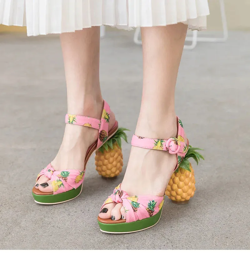 Pineapple High Heels Buckle Strap Printed Peep-Toe Platform Shoes