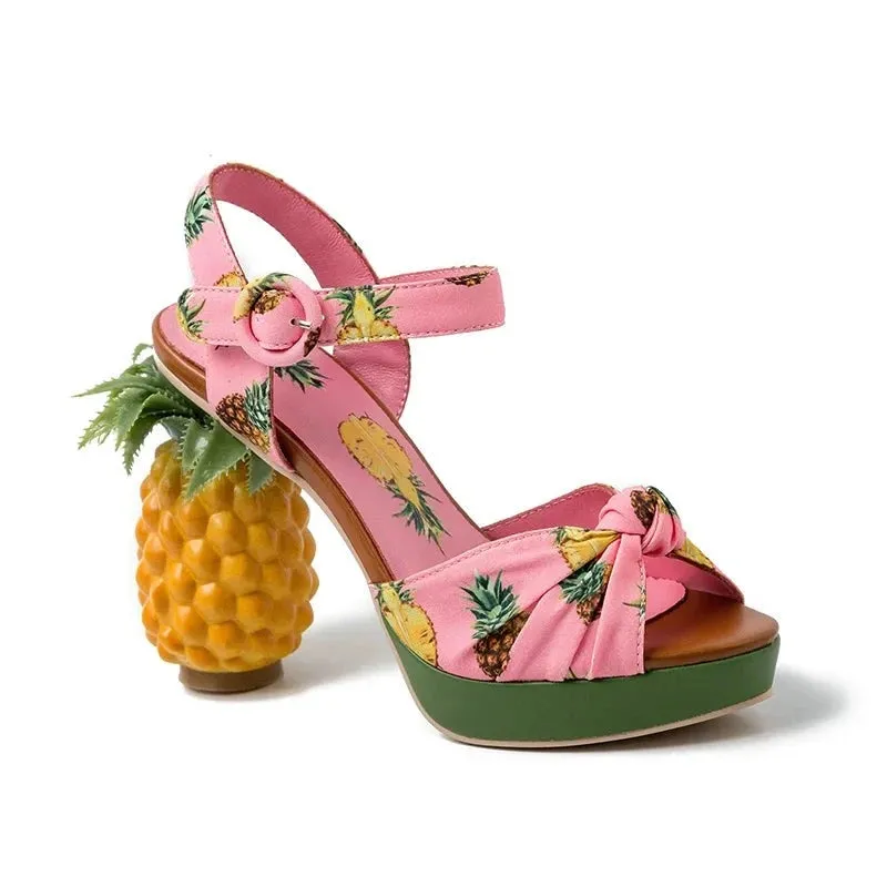 Pineapple High Heels Buckle Strap Printed Peep-Toe Platform Shoes