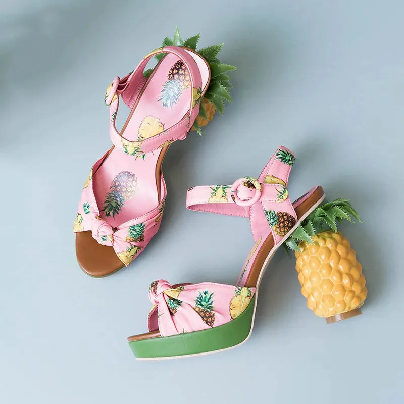 Pineapple High Heels Buckle Strap Printed Peep-Toe Platform Shoes