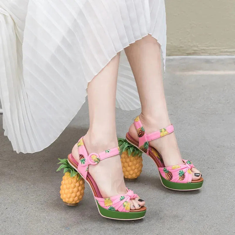 Pineapple High Heels Buckle Strap Printed Peep-Toe Platform Shoes