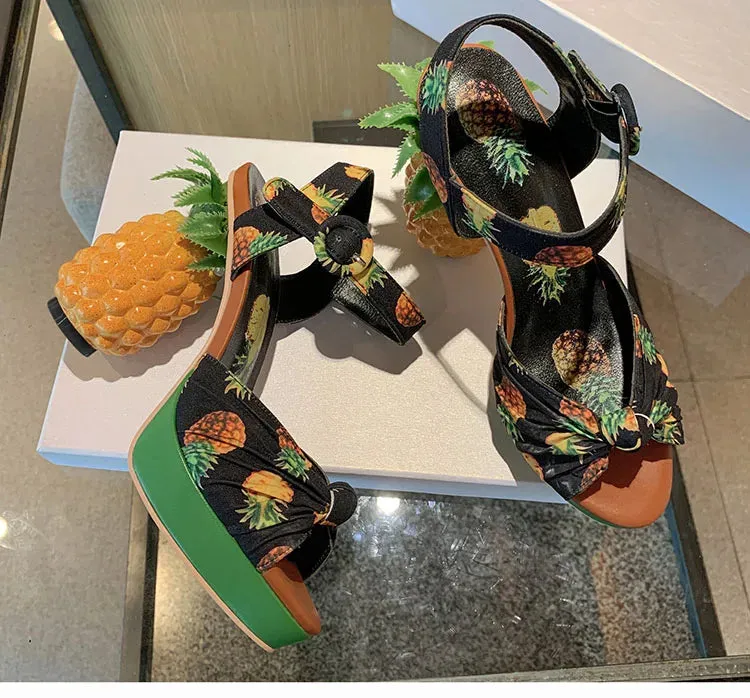 Pineapple High Heels Buckle Strap Printed Peep-Toe Platform Shoes