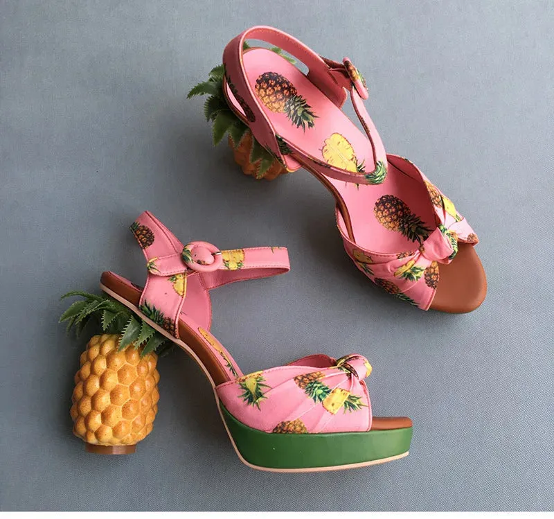 Pineapple High Heels Buckle Strap Printed Peep-Toe Platform Shoes