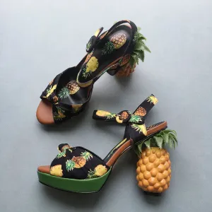 Pineapple High Heels Buckle Strap Printed Peep-Toe Platform Shoes