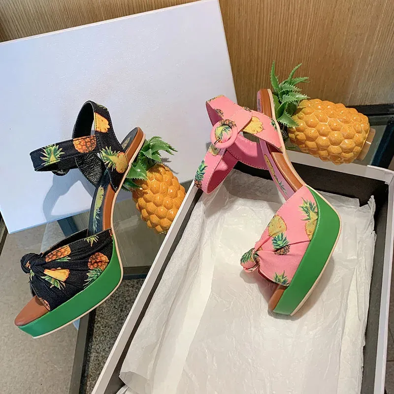 Pineapple High Heels Buckle Strap Printed Peep-Toe Platform Shoes