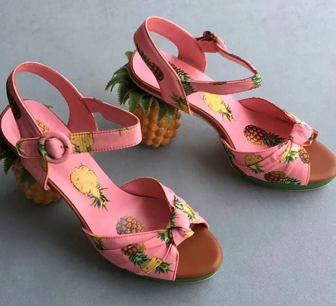 Pineapple High Heels Buckle Strap Printed Peep-Toe Platform Shoes