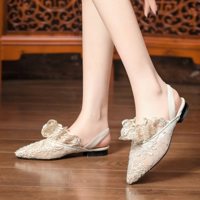 Pointed Toe Flat Flower Lace Sandals