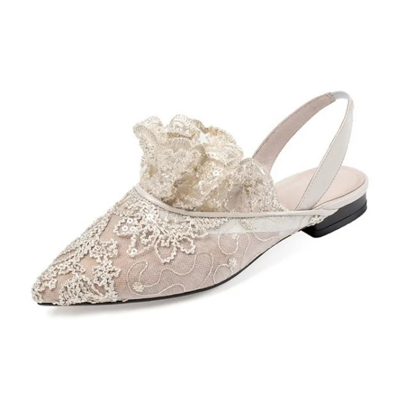 Pointed Toe Flat Flower Lace Sandals