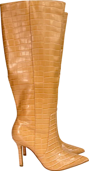 Public Desire Beige Best Believe Caramel Croc Pointed Toe Heeled Knee High Boots UK 6 EU 39 👠