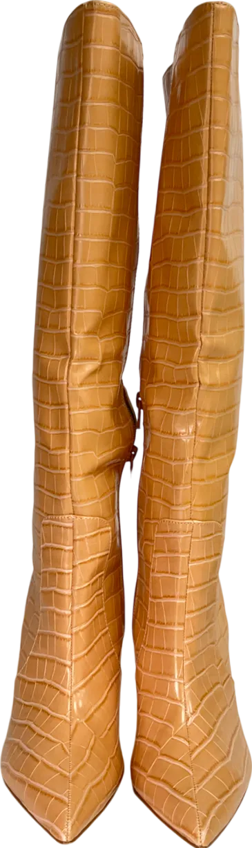 Public Desire Beige Best Believe Caramel Croc Pointed Toe Heeled Knee High Boots UK 6 EU 39 👠
