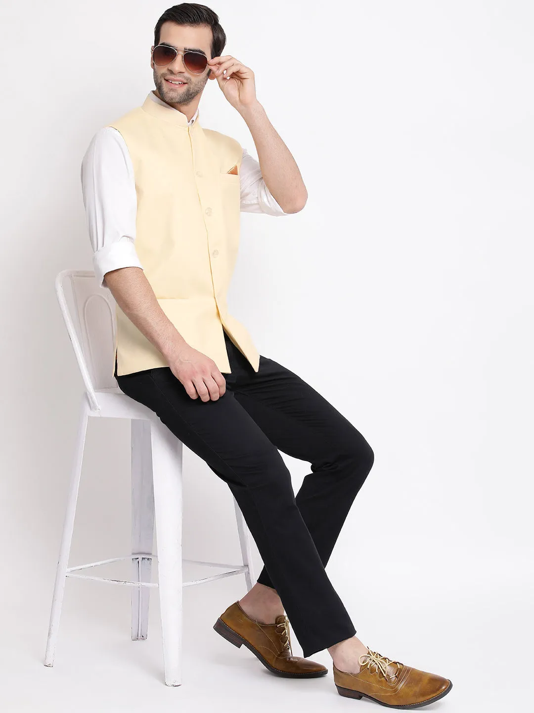VASTRAMAY Cream Nehru Jacket for Men
