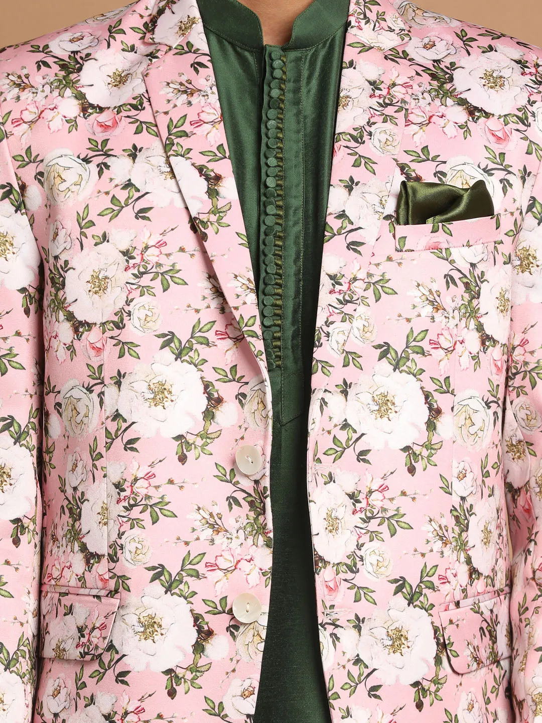 VASTRAMAY Pink Floral Blazer and Green Kurta Set