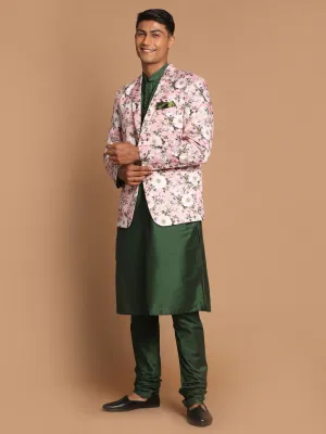 VASTRAMAY Pink Floral Blazer and Green Kurta Set