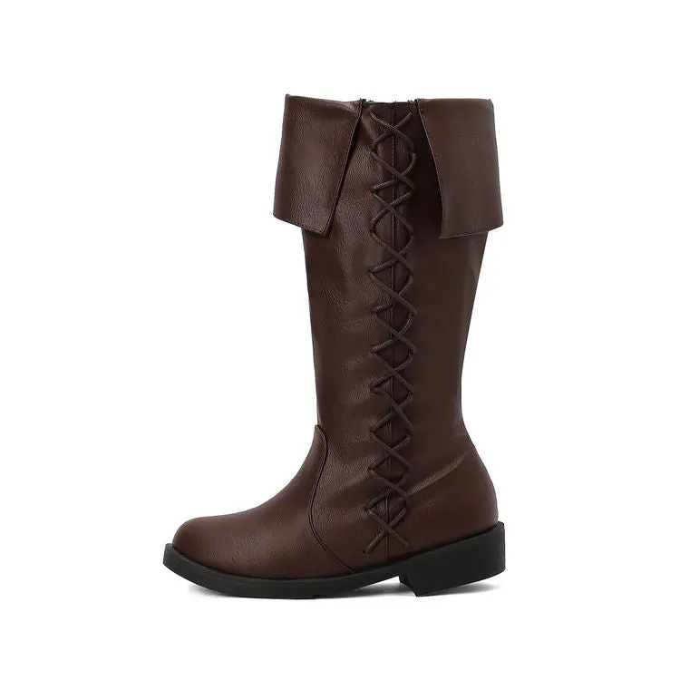 Women's Cross Straps Round Toe Knee High Boots