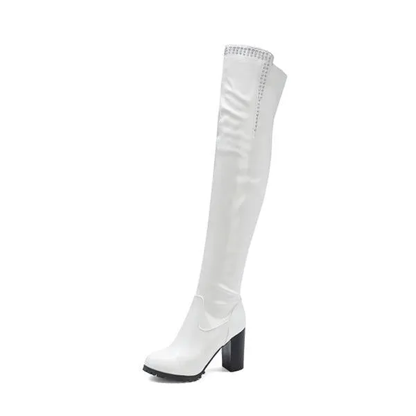 Women's Fashionable Rhinestone Block Heel Over-the-Knee Boots 07474705S
