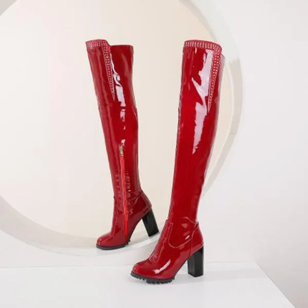 Women's Fashionable Rhinestone Block Heel Over-the-Knee Boots 07474705S