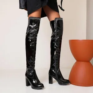 Women's Fashionable Rhinestone Block Heel Over-the-Knee Boots 07474705S
