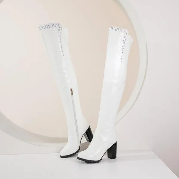 Women's Fashionable Rhinestone Block Heel Over-the-Knee Boots 07474705S
