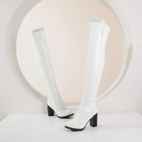 Women's Fashionable Rhinestone Block Heel Over-the-Knee Boots 07474705S