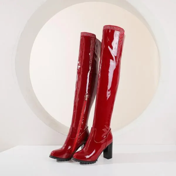 Women's Fashionable Rhinestone Block Heel Over-the-Knee Boots 07474705S